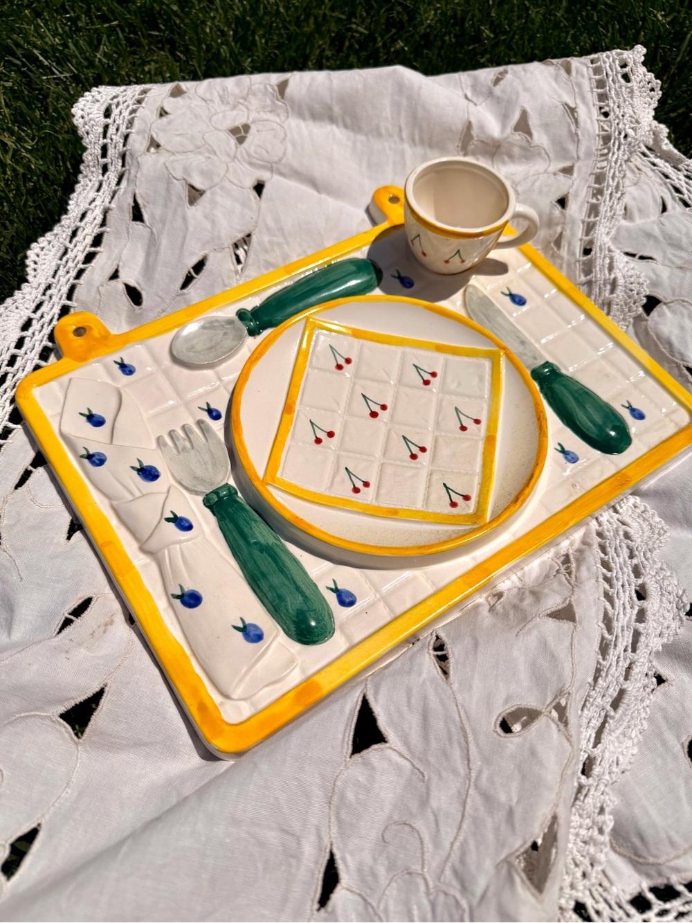Hand-Painted Ceramic Serving Tray with Cutlery Motif - Yellow & Green